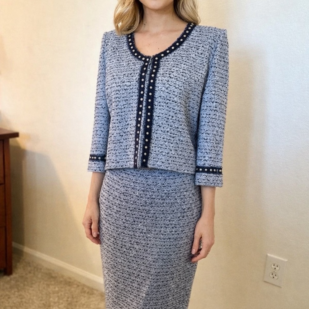 St. John Collection Blue Tweed Jacket Only — Size 10 | Elegant Jeweled Trim